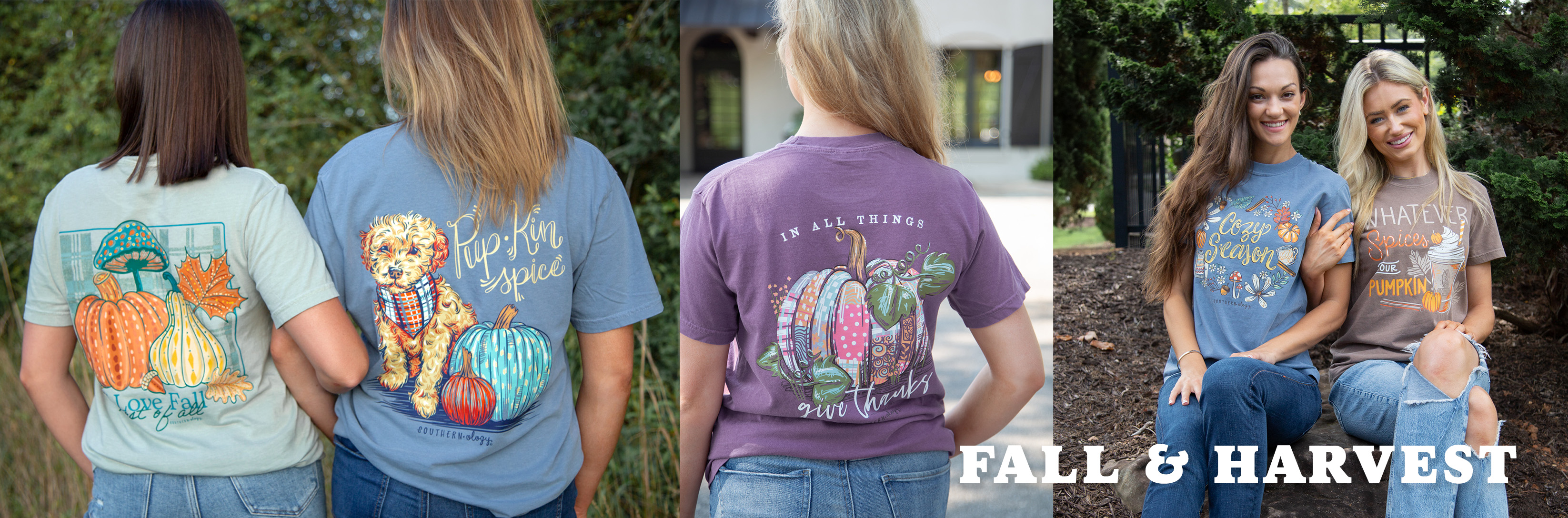 Models wearing shirts that are fall oriented with pumpkins, cozy things and lattes. This has the the caption